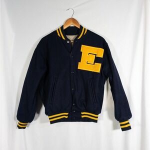 Vintage 70s Letterman Jacket Hewitt Blue W Yellow Accents (38) Varsity Reversibl